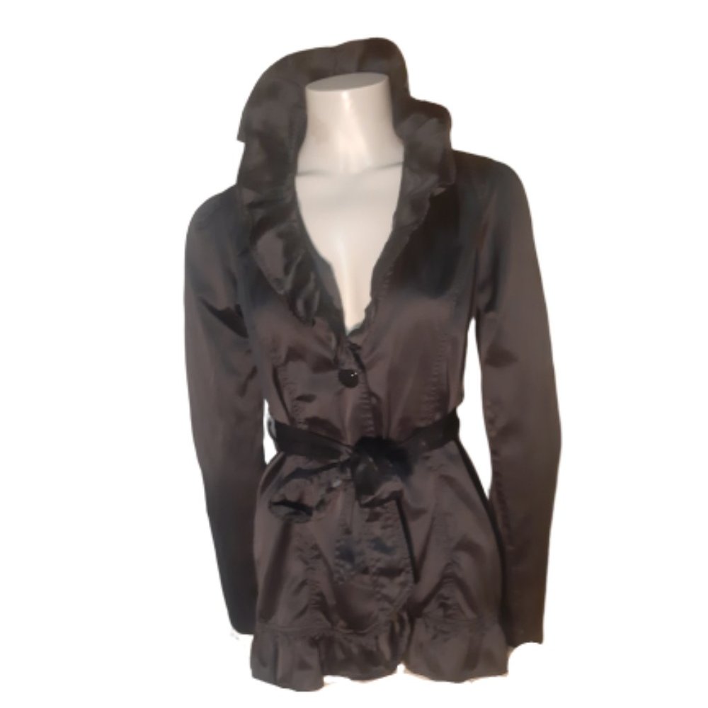 Charlotte Russe Black Satin Ruffle Coat Size M EUC